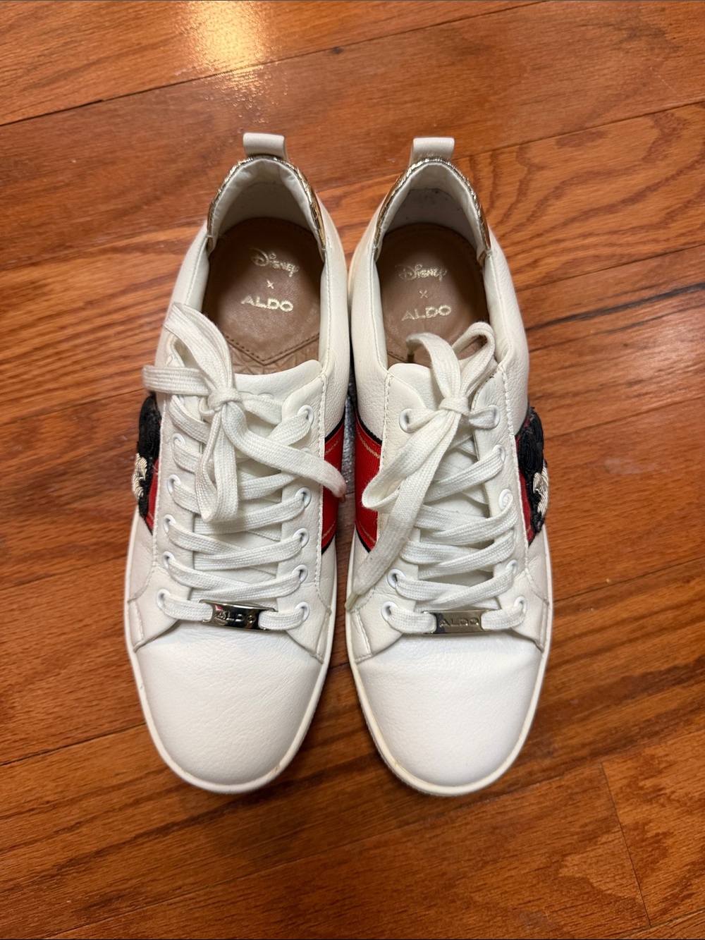 Aldo X Disney White Sneakers with Red Stripe and Black Embroidered Accent